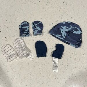 Three pairs of newborn mittens and one hat blue camo white stripes baby hospital